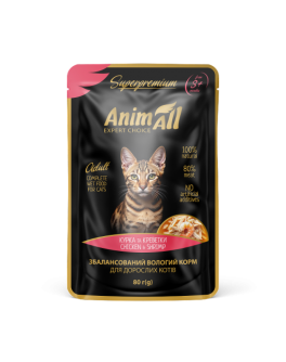 Вологий корм AnimAll пауч для котів курка з креветками пакування 12штx80г