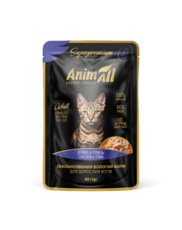 Вологий корм AnimAll пауч для котів тунець з куркою пакування 12штx80г