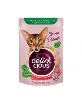 Вологий корм Delickcious шматочки з качкою, курячим філе і шпинатом в соусі для котів 12шт x 85г