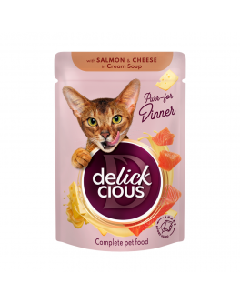 Вологий корм Delickcious смужки з лососем та сиром в крем-супі для котів 12шт x 85г