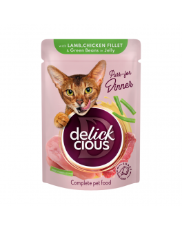 Вологий корм Delickcious шматочки з ягнятиною, курячим філе і квасолею спаржевою в желе для котів 12шт x 85г